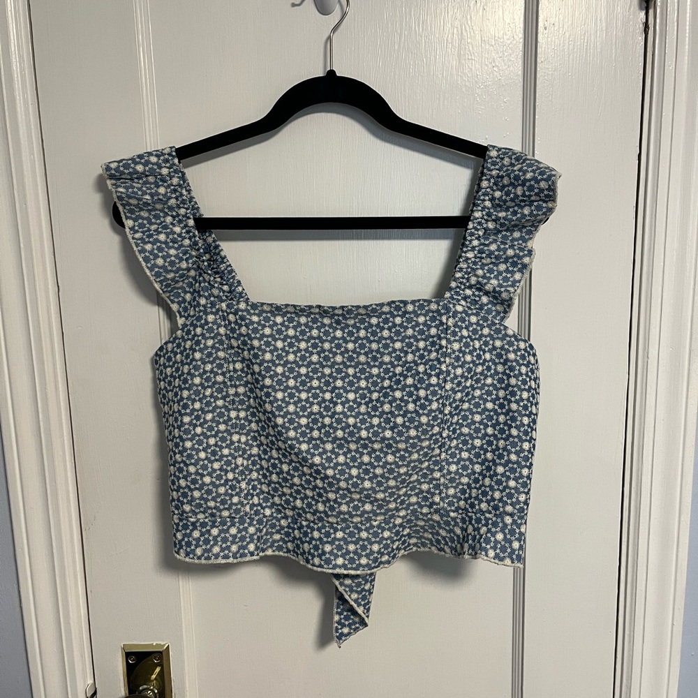 Blue and White Sleeveless Crop Top with Tie Back